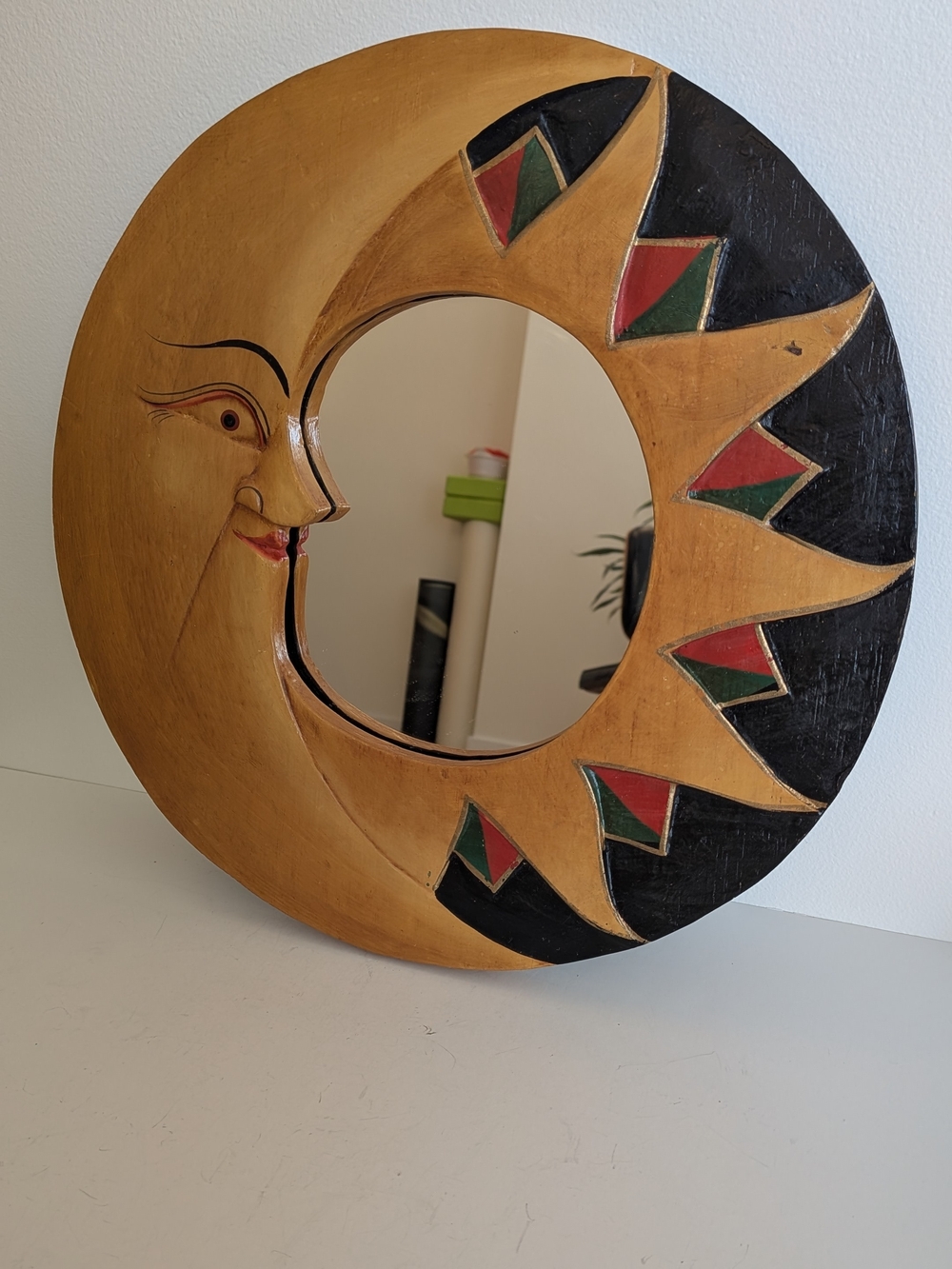 Wooden Sun and Moon wall hanging mirror Celestial decor Hand Painted